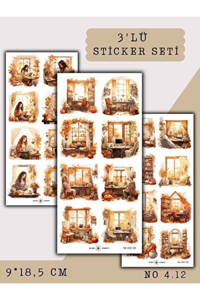 Else Craft 3'lü Pencere Ders Çalışma Sonbahar Sticker 4.12 - Ajanda Planlayıc...