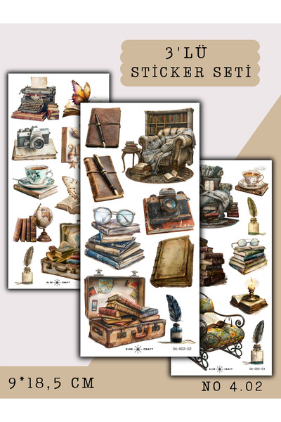 Else Craft 3'lü Kitap Okuma Vintage Tonlar Sticker 4.02 - Ajanda Planlayıcı B...