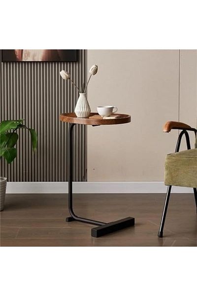 Türkiye C-Shaped Side Table, Solid Wood Top with Metal Base, Modern Sofa End Table, Brwon/Black