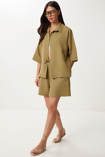 Lovelyİstanbul Muslin Shirt Shorts Set Ldp0064 Olive Green