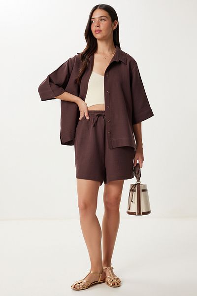 Lovelyİstanbul Muslin Shirt Shorts Set Ldp0064 Brown