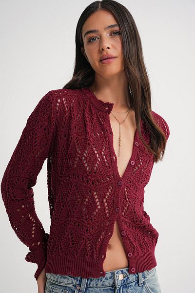 Mixray 6934 Women's Diamond Patterned Seasonal Openwork Cardigan Claret Red