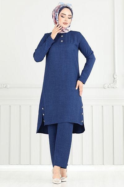 ModaMerve Button Detail Slit Suit 3130Hbs932-M Navy