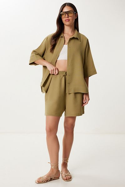 Lovelyİstanbul Muslin Shirt Shorts Set Ldp0064 Olive Green