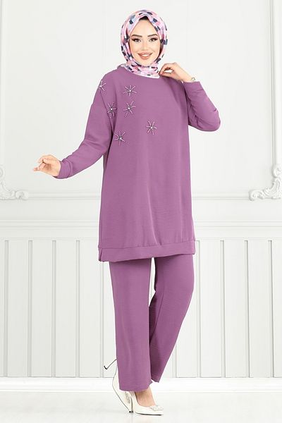 ModaMerve Beaded Aerobin Suit 6013Uz1029-M Dark Lilac