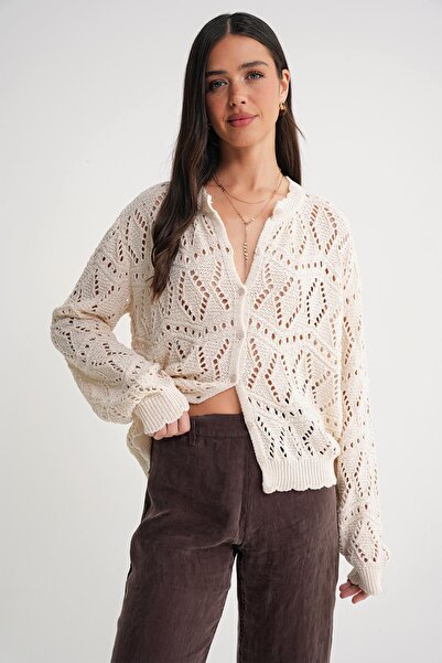 Mixray 6934 Women's Diamond Patterned Seasonal Openwork Cardigan Natural