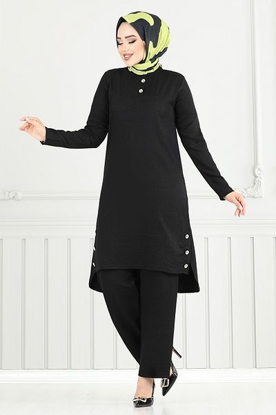 ModaMerve Button Detail Slit Suit 3130Hbs932-M Black