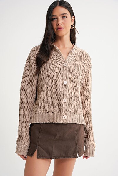 Mixray 6936 Γυναικεία Πλεκτά Ζακέτα Camel με κουμπιά Κωνσταντινούπολης