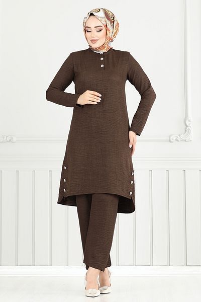ModaMerve Button Detail Slit Suit 3130Hbs932-M Brown