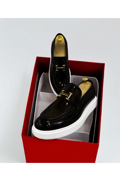 EXCLUSIVE STYLE Black loafers with white sole made of eco-leather - ASLAN