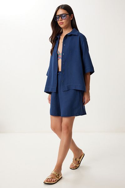 Lovelyİstanbul Muslin Shirt Shorts Set Ldp0064 Dark Blue