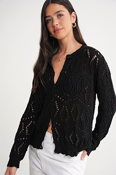 Mixray 6934 Women's Diamond Patterned Seasonal Openwork Cardigan Black