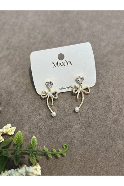 VİYA Steel Earrings with Gold Pearl and Ribbon Motif