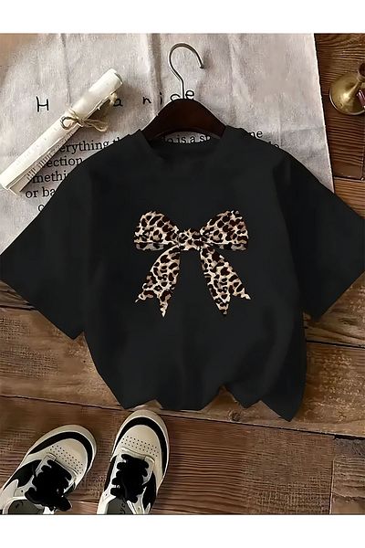 ELFAMİ Basic T-Shirt with Leopard Patterned Ribbon Detail