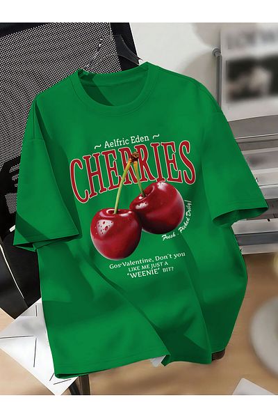 ELFAMİ Unisex Men/Women Cherries Custom Printed Oversize Cotton Crew Neck T-Shirt
