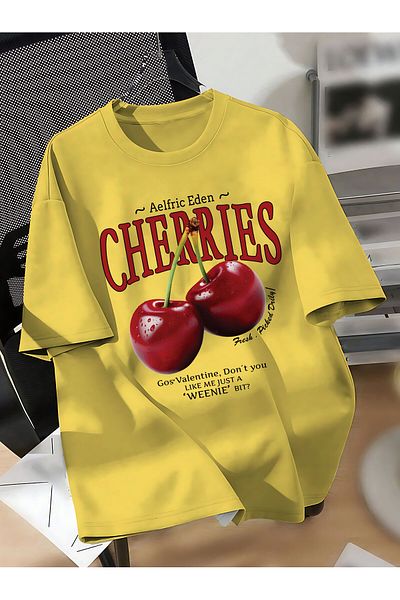 ELFAMİ Unisex Men/Women Cherries Custom Printed Oversize Cotton Crew Neck T-Shirt