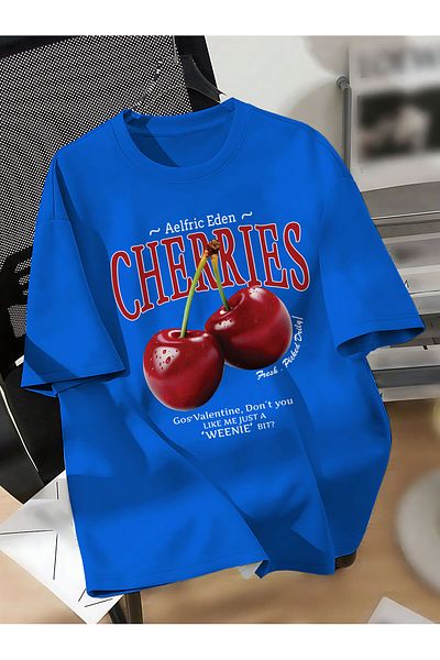ELFAMİ Unisex Men/Women Cherries Custom Printed Oversize Cotton Crew Neck T-Shirt