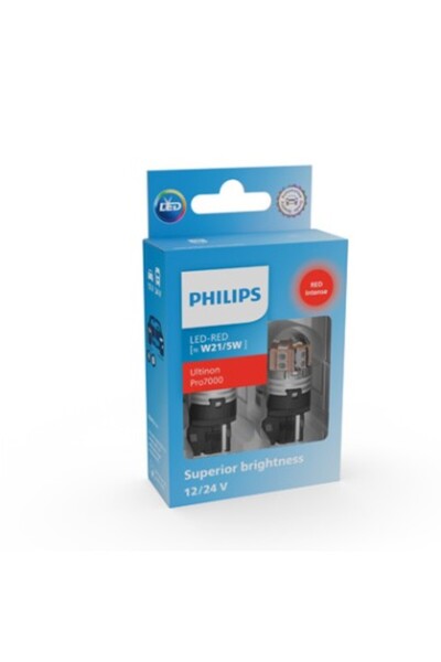 Philips Set de 2 LED-uri auto roșii W21/5W Ultinon Pro7000 SL, lumină de frână/spate 12V/24V