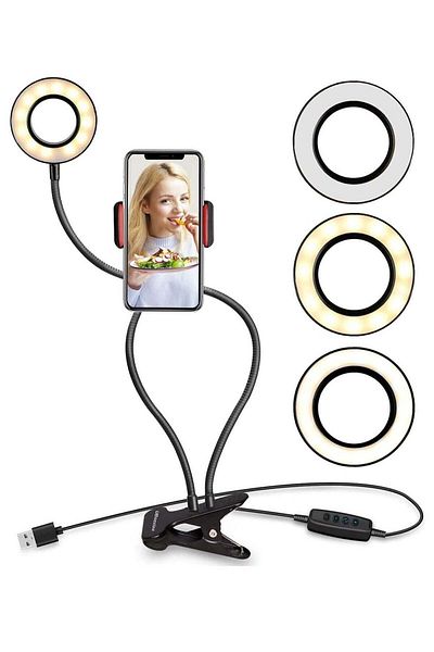 Prime by Javaudan Selfie Ring Light with Cell Phone Holder Stand for Live Stream Makeup LED Camera Lighting 3-Light Mo