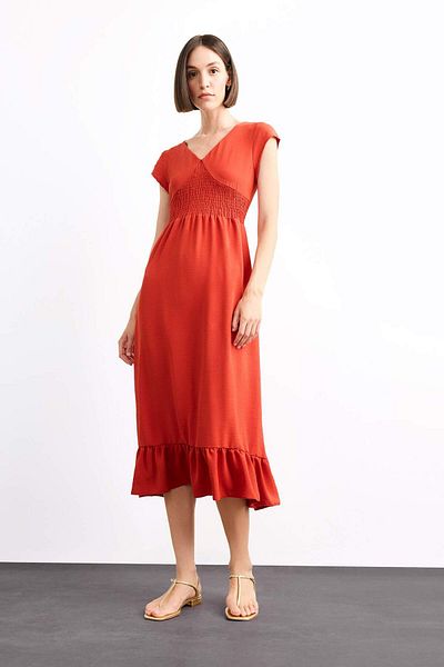 DeFacto Fitted V Neck Short Sleeve Midi Dress F9360Ax25Sm