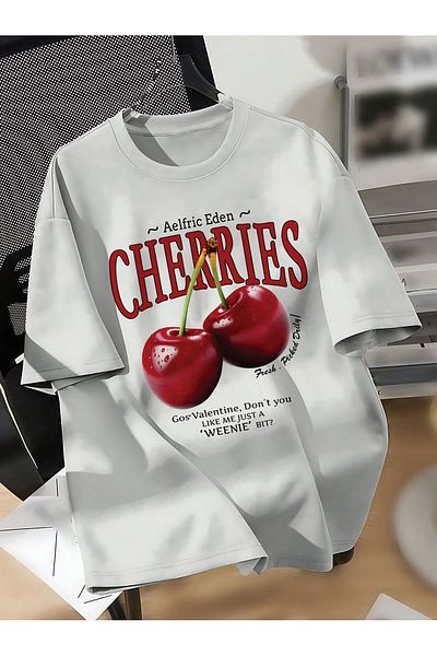 ELFAMİ Unisex Men/Women Cherries Custom Printed Oversize Cotton Crew Neck T-Shirt