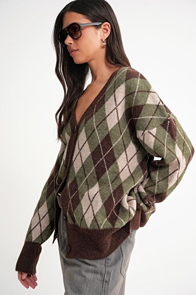 Mixray 6937 Kadın Baklava Desenli Oversize Triko Hırka Haki