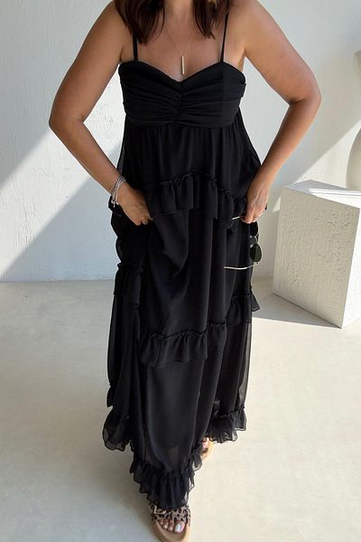 ELVAN TOLON Black Rope Strap Flounce Dress