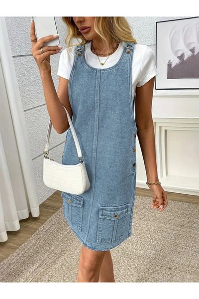 AKNButik Women's suspender round neck a-line pocket detailed denim dress