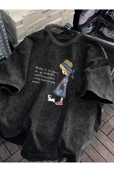 Touz Moda Cute Printed Washable Vintage Unisex Oversize T-Shirt