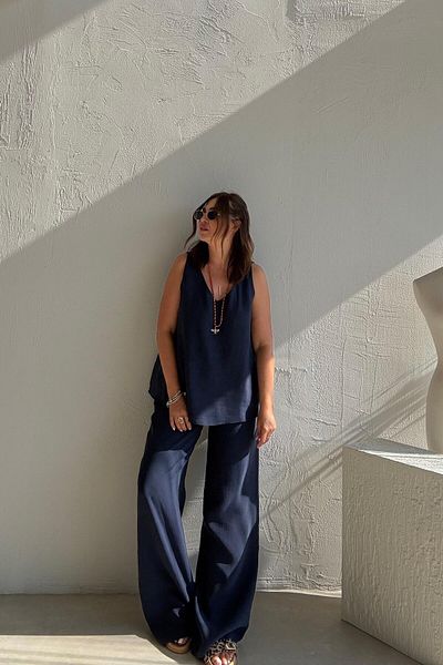 ELVAN TOLON Navy Blue V-Neck Blouse Trousers Set