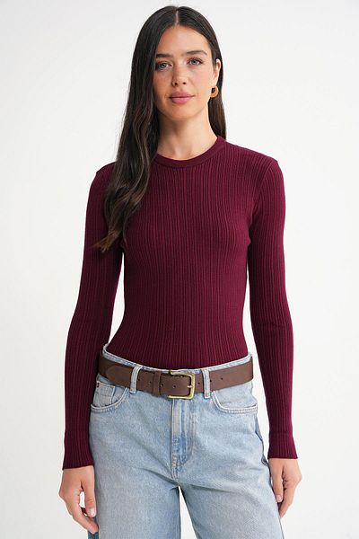 Mixray 6938 Women's Crew Neck Ribbed Knitwear Body Claret Red