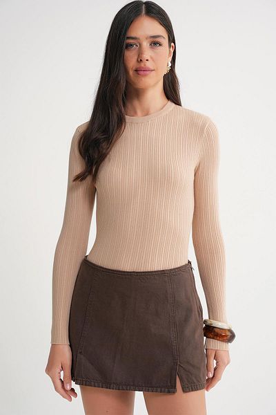 Mixray 6938 Women's Crew Neck Ribbed Knitwear Body Camel
