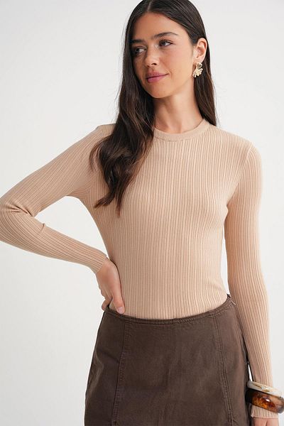 Mixray 6938 Women's Crew Neck Ribbed Knitwear Body Camel