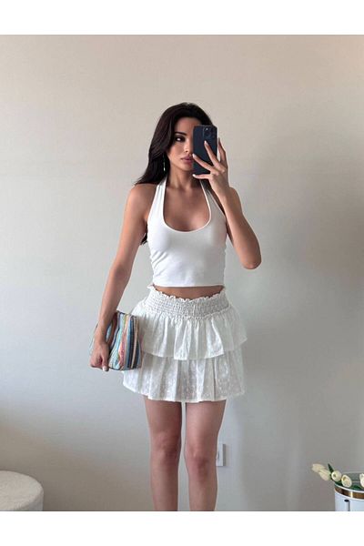 LOCH BUTİK Fusta pantaloni scurți cu talie elastică brodate albă pentru femei