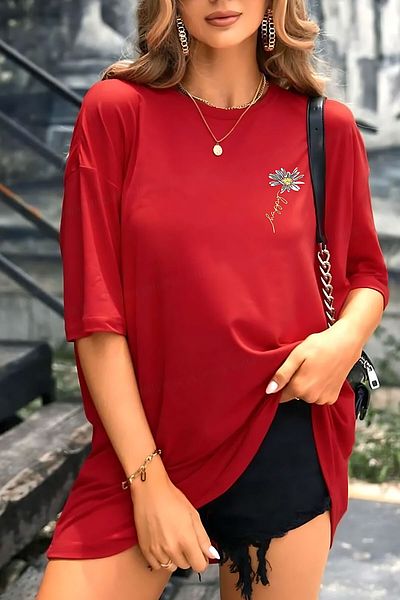 ELFAMİ PAPATYA Printed Summer Cotton Fabric Oversize Pattern T-Shirt