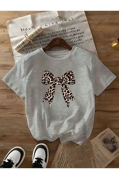 ELFAMİ Basic T-Shirt with Leopard Patterned Ribbon Detail