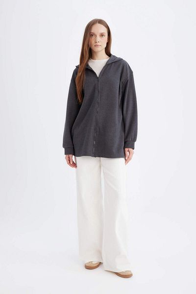 DeFacto Hooded Basic Plain Zipper Pocket Thessaloniki Fabric Long Knitwear Cardigan D6815Ax24Wn