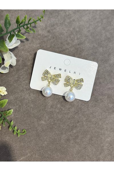 VİYA Steel Earrings with Gold Pearl and Ribbon Motif