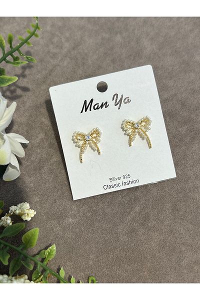VİYA Steel Earrings with Gold Pearl and Ribbon Motif
