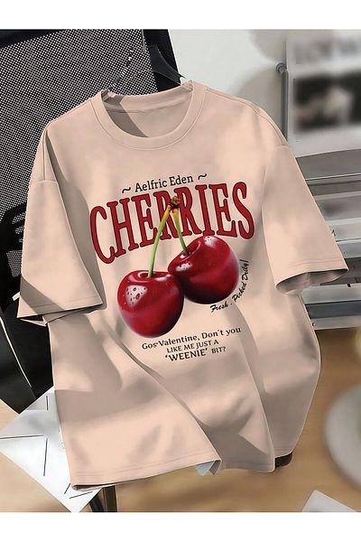 ELFAMİ Unisex Men/Women Cherries Custom Printed Oversize Cotton Crew Neck T-Shirt