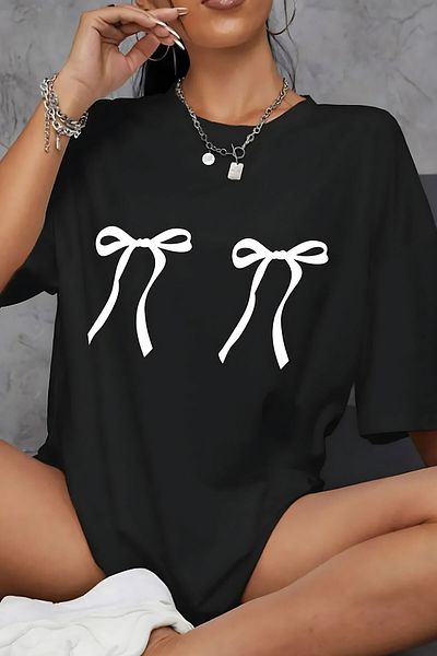 ELFAMİ Unisex Men/Women Ribbon Colorful Custom Printed Oversize Cotton Crew Neck T-Shirt T-Shirt