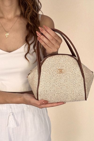 Mimoza Women's Cream Straw Textured Tan Handle-Line Detailed Hand and Shoulder Bag