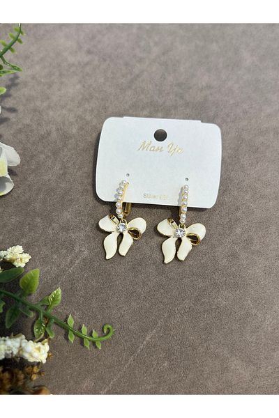VİYA Steel Earrings with Gold Pearl and Ribbon Motif