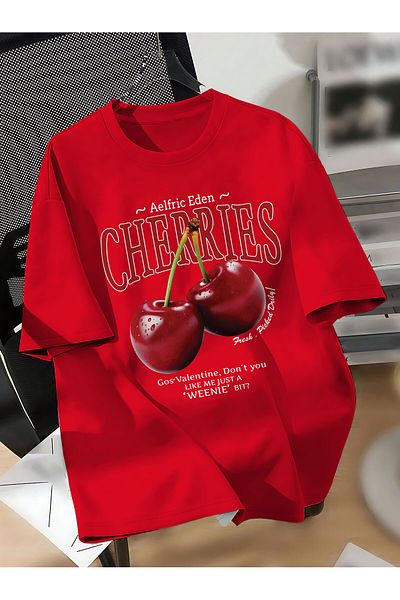 ELFAMİ Unisex Men/Women Cherries Custom Printed Oversize Cotton Crew Neck T-Shirt
