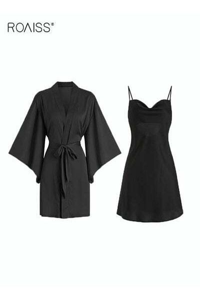 ROAISS Women Pajamas with V-Neck Design Women Home Wear Set Same Color Outer Robe Lace Element Nightgown