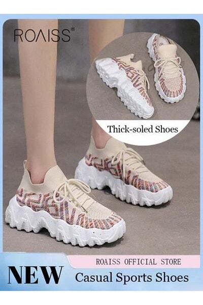ROAISS Women's Sports and Leisure Shoes Thick Sole Round Toe Medium Heel Low Top Mesh Athlesiure Shoes