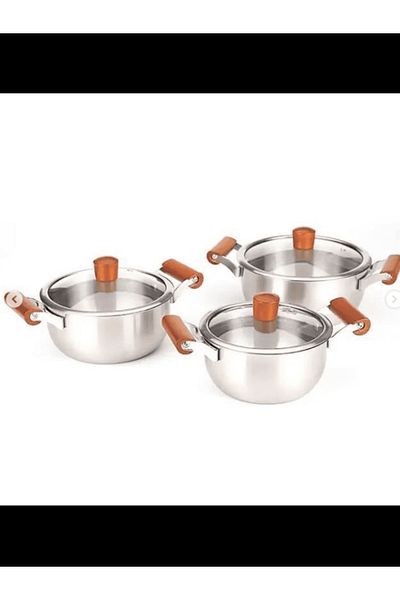 WDA Stainless Steel Cookware Set with Glass Lids, 3 Pieces, Brown Wooden Handles, Size 18-20-22cm