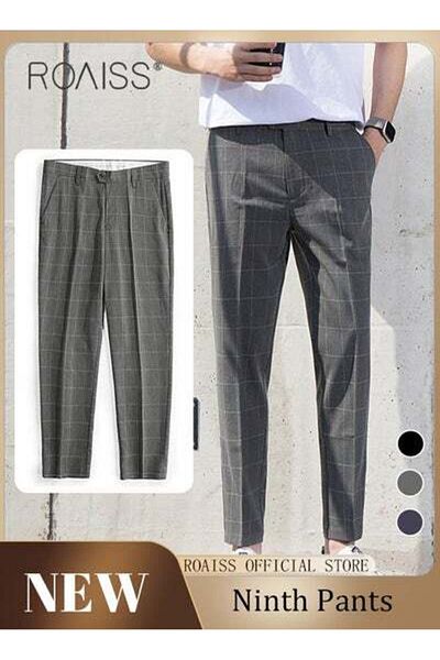 ROAISS Young Men's Suit Pants Straight Fit British Plaid Thin Section Business Casual Pants Cropped Pants