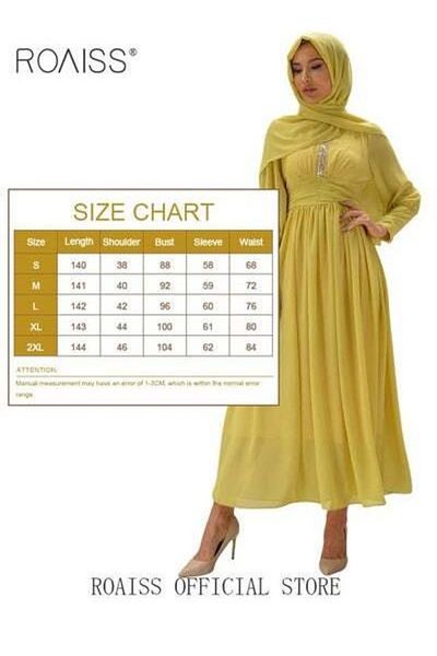 ROAISS Ladies Dress Solid Color High-Rise Chiffon Waist Puff Sleeve Long Sleeve Crew Neck Abaya Dress
