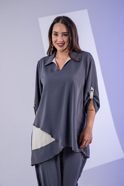 Roxxlen طقم تونيك غير متماثل مقاس كبير مكون من قطعتين مدخن